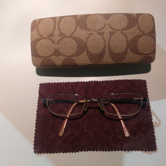COACH Brown Patterned Eyeglass Case with Glasses and Cloth - Picture 1 of 4